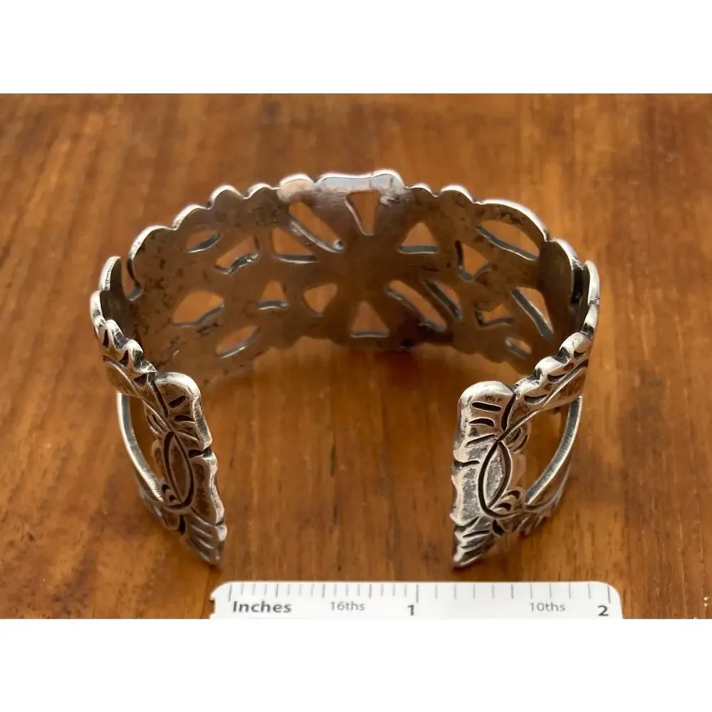 Vintage Mexico Silver Cuff Bracelet Wide Flower Cutout 50.91g Tested Silver 6.5